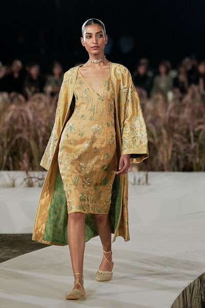 Summerfern Embroidered Applique Silk Jacket Set - Gold